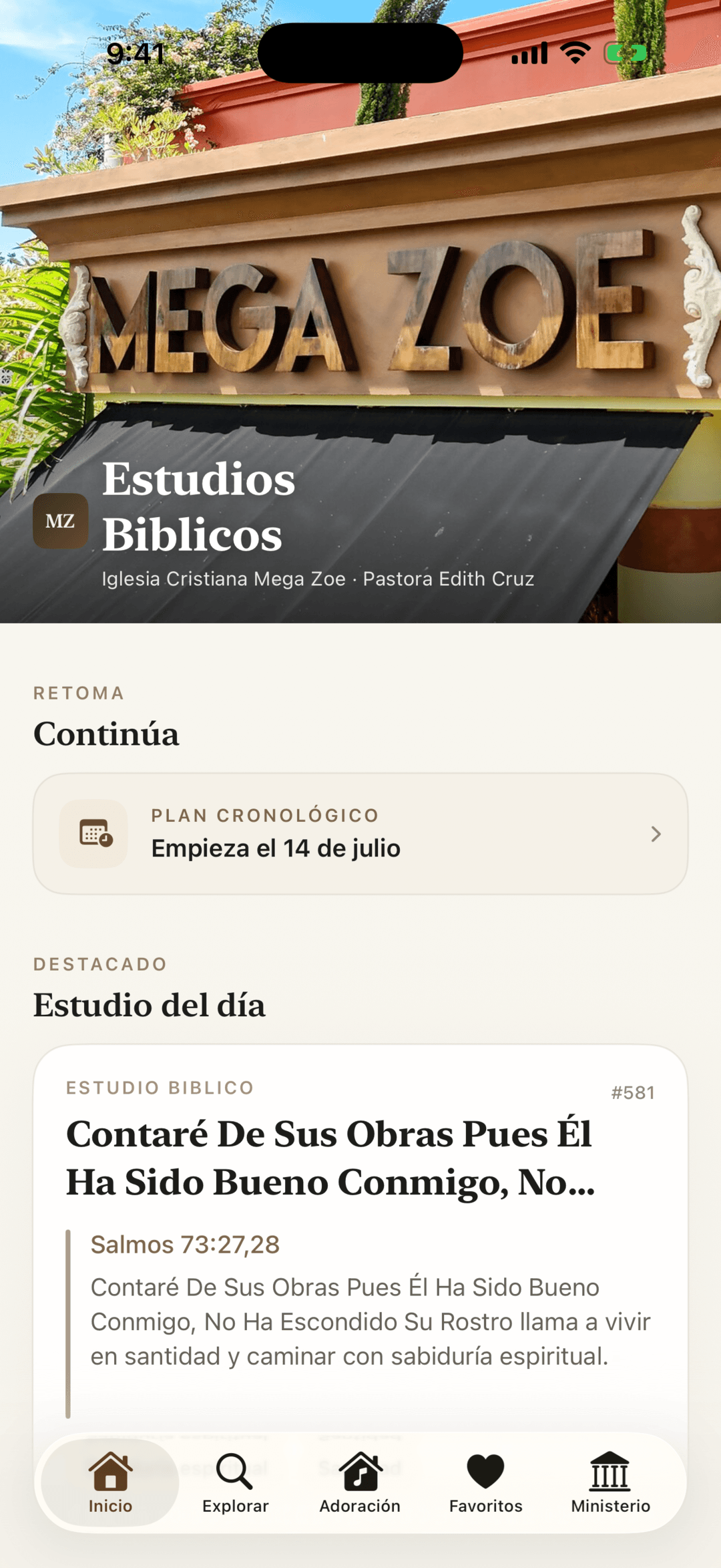 Pantalla de inicio de la app MegaZoe Estudios